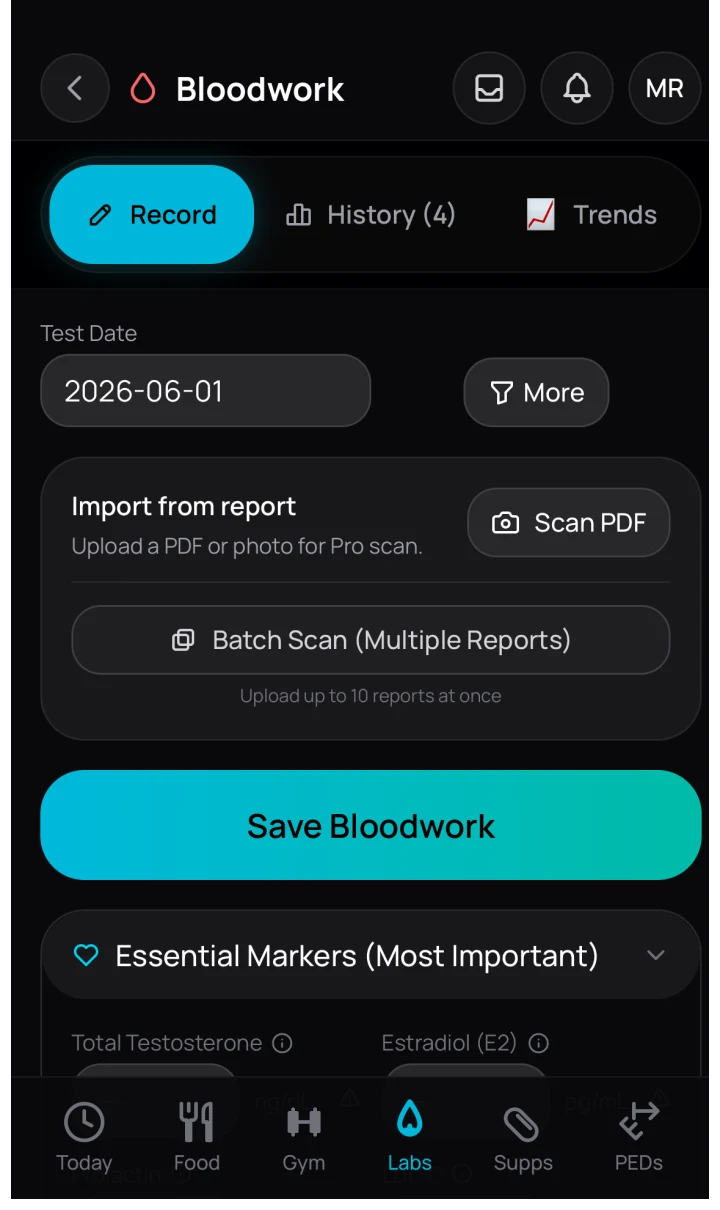 VitalStack bloodwork record screen with PDF scan and batch scan controls