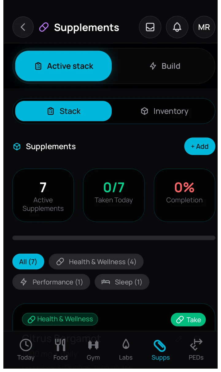 VitalStack supplement stack screen with daily completion tracking
