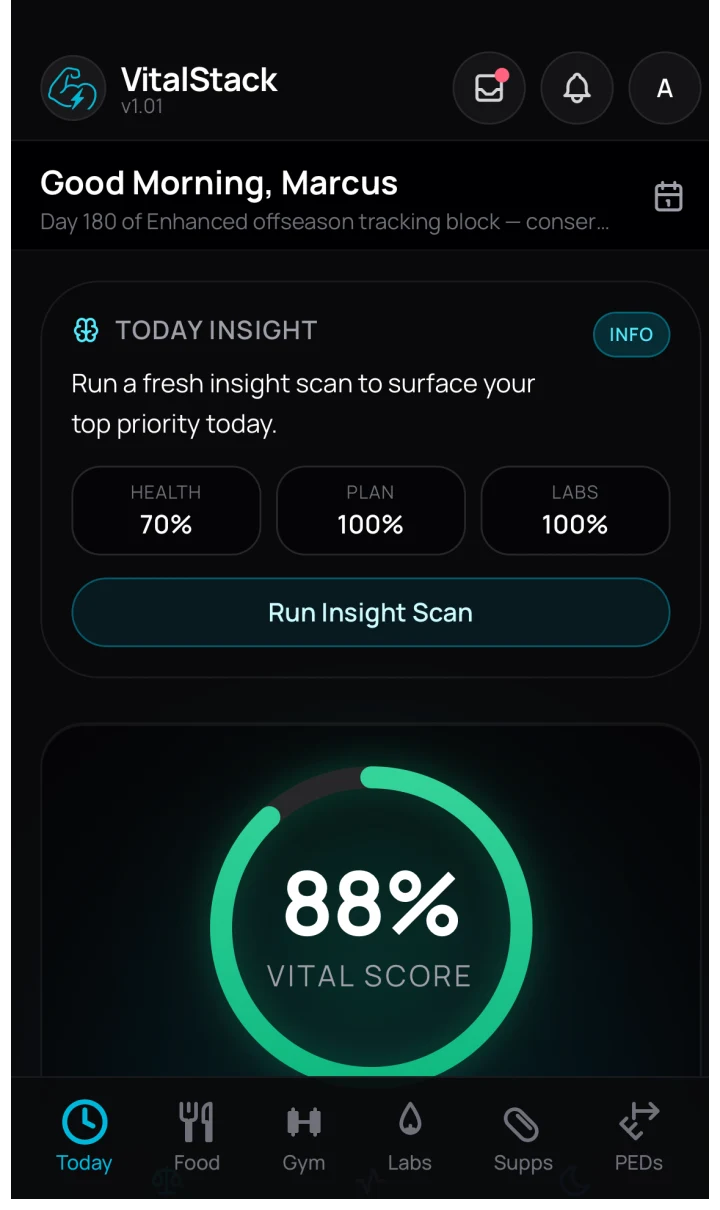 VitalStack Today dashboard showing Context Scan and vital score