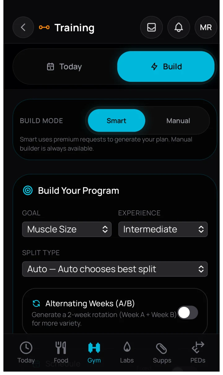 VitalStack training builder screen with goal and split controls